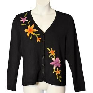 Vintage Avalin XL Black Cardigan Felted Floral Appliqué Boho Artsy Y2K Sweater